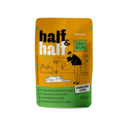 Half&Half вологий корм для стерилізованих котів, шматочки з індичкою в желе, 100 г