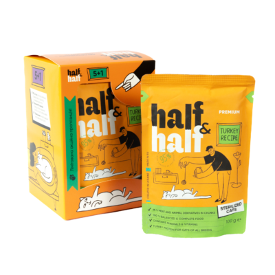 Half&Half вологий корм для стерилізованих котів, шматочки з індичкою в желе, набір "5+1", 600 г