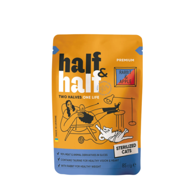 Half&Half вологий корм для стерилізованих котів, шматочки з кроликом та яблуком в желе, 85 г