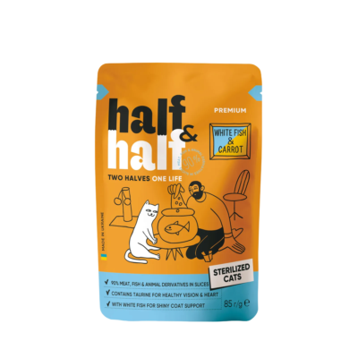 Half&Half вологий корм для стерилізованих котів, шматочки з білою рибою та морквою в соусі, 85 г