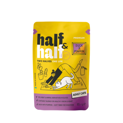 Half&Half вологий корм для дорослих котів, шматочки з качкою та гарбузом в соусі, 85 г