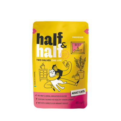 Half&Half вологий корм для дорослих котів, шматочки з яловичиною та морквою в желе, 85 г