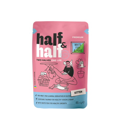 Half&Half вологий корм для кошенят, шматочки з білою рибою та горохом в желе, 85 г