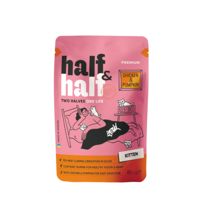 Half&Half вологий корм для кошенят, шматочки з куркою та гарбузом в соусі, 85 г