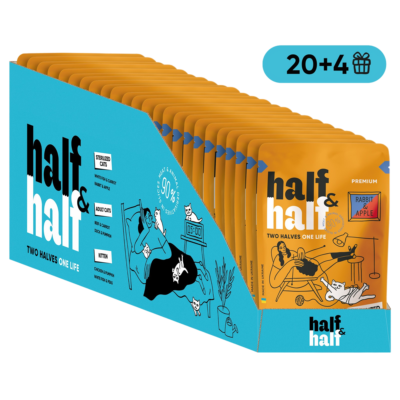 Half&Half вологий корм для стерилізованих котів, шматочки з кроликом та яблуком в желе, набір "20+4", 2,04 кг