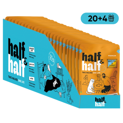 Half&Half вологий корм для стерилізованих котів, шматочки з білою рибою та морквою в соусі, набір "20+4", 2,04 кг