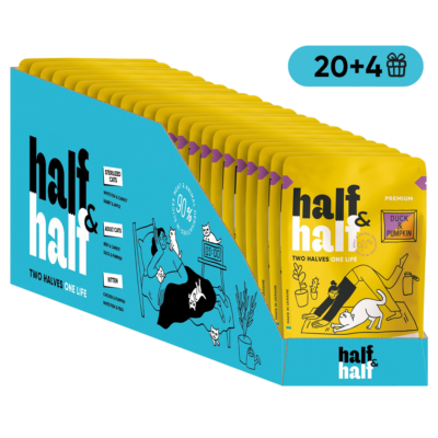 Half&Half вологий корм для дорослих котів, шматочки з качкою та гарбузом в соусі, набір "20+4", 2,04 кг