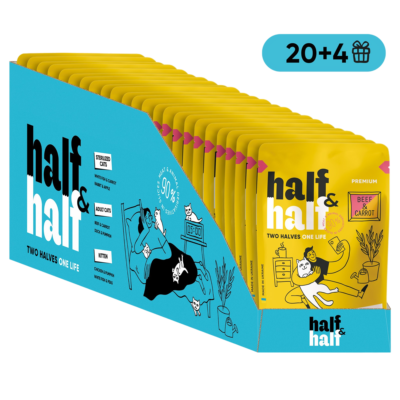 Half&Half вологий корм для дорослих котів, шматочки з яловичиною та морквою в желе, набір "20+4", 2,04 кг