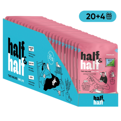 Half&Half вологий корм для кошенят, шматочки з білою рибою та горохом в желе, набір "20+4", 2,04 кг