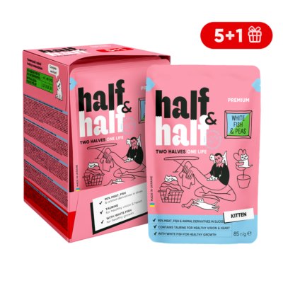 Half&Half вологий корм для кошенят, шматочки з білою рибою та горохом в желе, набір "5+1", 510 г