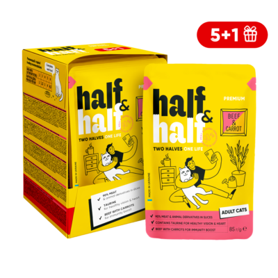 Half&Half вологий корм для дорослих котів, шматочки з яловичиною та морквою в желе, набір "5+1", 510 г