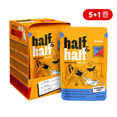 Half&Half вологий корм для стерилізованих котів, шматочки з кроликом та яблуком в желе, набір "5+1", 510 г