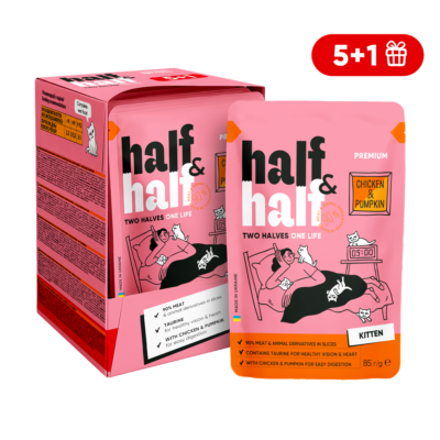 Half&Half вологий корм для кошенят, шматочки з куркою та гарбузом в соусі, набір "5+1", 510 г