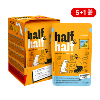 Half&Half вологий корм для стерилізованих котів, шматочки з білою рибою та морквою в соусі, набір "5+1", 510 г