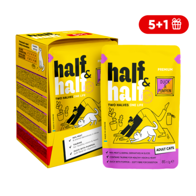 Half&Half вологий корм для дорослих котів, шматочки з качкою та гарбузом в соусі, набір "5+1", 510 г